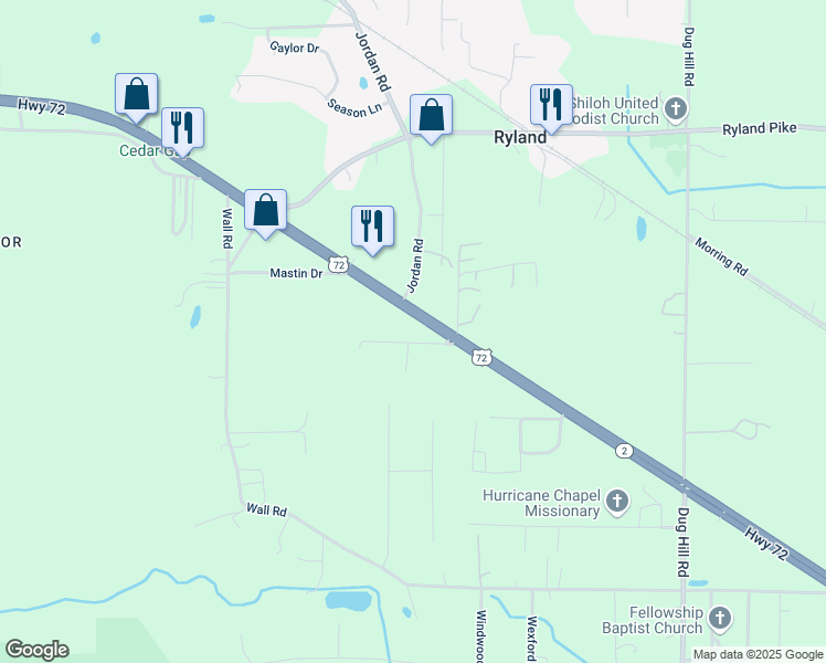 map of restaurants, bars, coffee shops, grocery stores, and more near 2894 Highway 72 East in Huntsville