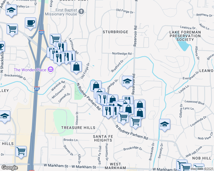 map of restaurants, bars, coffee shops, grocery stores, and more near 1218 Southedge Drive in Little Rock