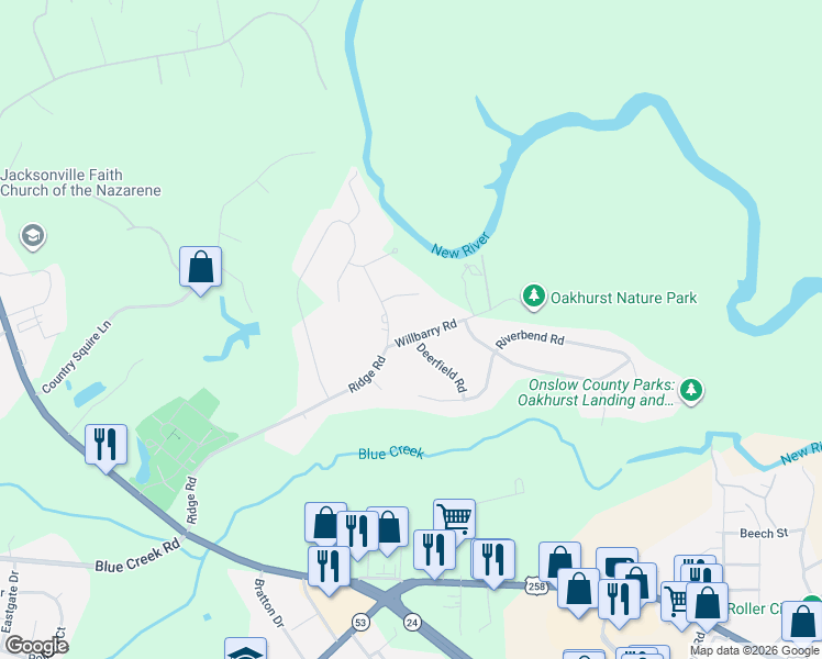 map of restaurants, bars, coffee shops, grocery stores, and more near 436 Ridge Road in Jacksonville