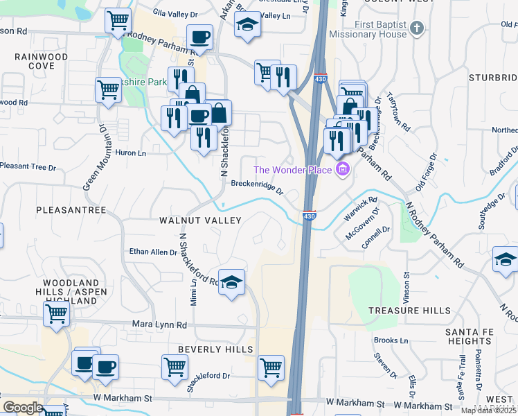 map of restaurants, bars, coffee shops, grocery stores, and more near 1206 Kings Mountain Drive in Little Rock