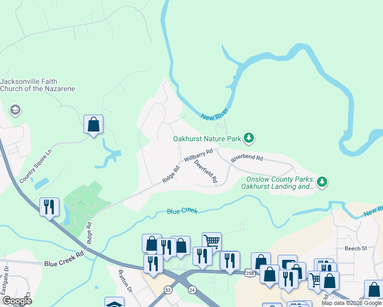 map of restaurants, bars, coffee shops, grocery stores, and more near 436 Ridge Road in Jacksonville