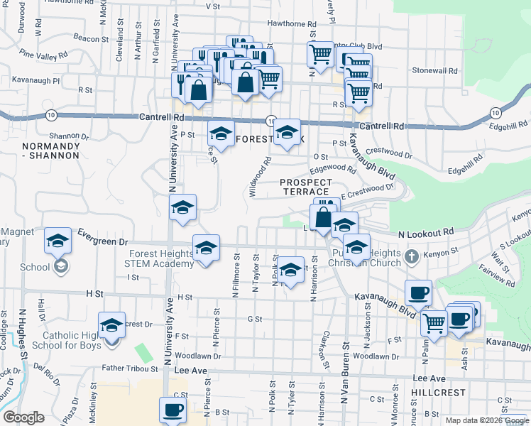 map of restaurants, bars, coffee shops, grocery stores, and more near 5509 Sherwood Road in Little Rock