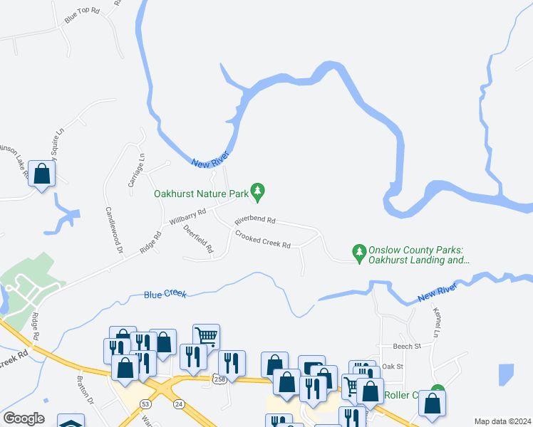 map of restaurants, bars, coffee shops, grocery stores, and more near 213 Riverbend Road in Jacksonville