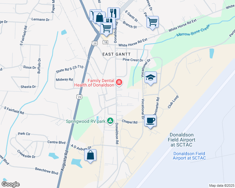 map of restaurants, bars, coffee shops, grocery stores, and more near 411 Donaldson Road in Greenville
