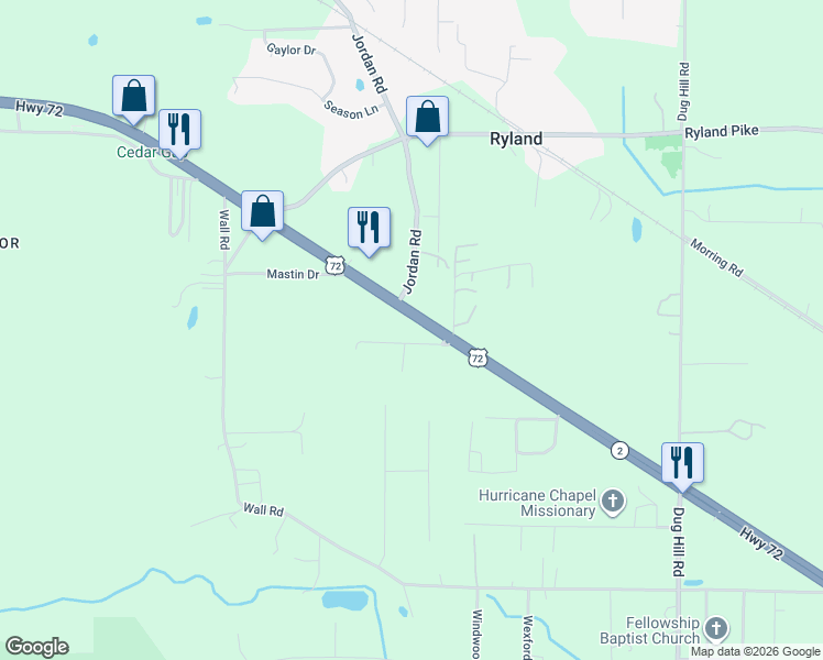 map of restaurants, bars, coffee shops, grocery stores, and more near 2894 Highway 72 East in Huntsville