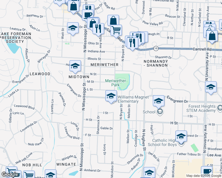 map of restaurants, bars, coffee shops, grocery stores, and more near 7221 M Street in Little Rock