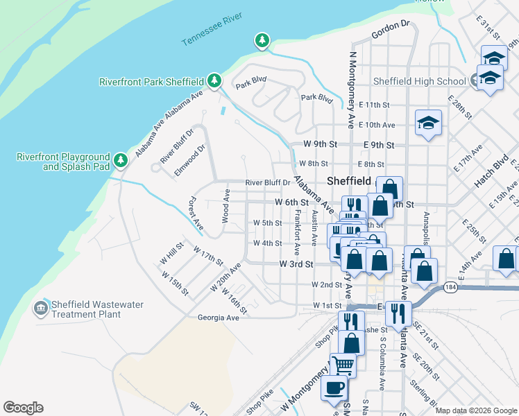 map of restaurants, bars, coffee shops, grocery stores, and more near 504 West 6th Street in Sheffield