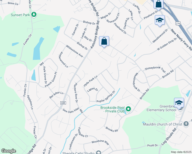 map of restaurants, bars, coffee shops, grocery stores, and more near 399 Hyde Park Lane in Mauldin