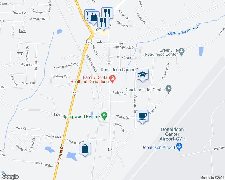 map of restaurants, bars, coffee shops, grocery stores, and more near 1 Farley Avenue in Greenville