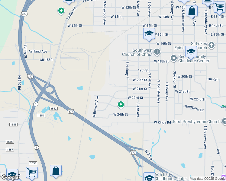 map of restaurants, bars, coffee shops, grocery stores, and more near 830 West Charles Drive in Ada