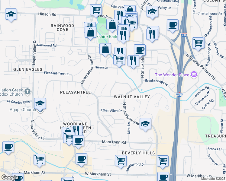 map of restaurants, bars, coffee shops, grocery stores, and more near 1115 Briar Creek Road in Little Rock