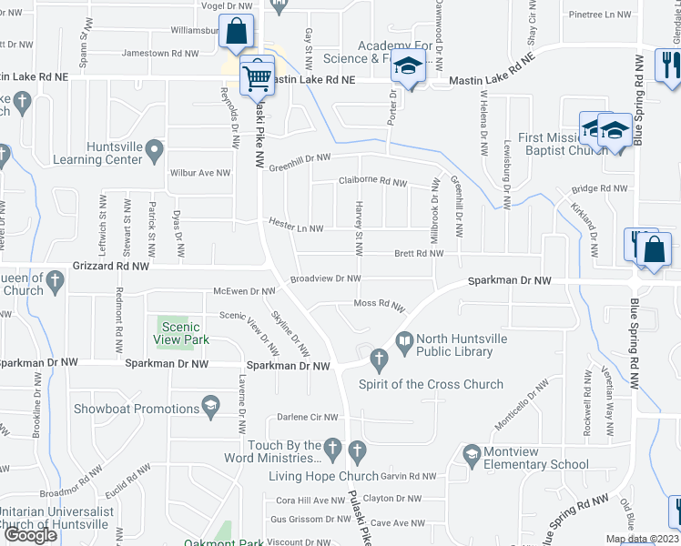 map of restaurants, bars, coffee shops, grocery stores, and more near 2904 Broadview Drive Northwest in Huntsville