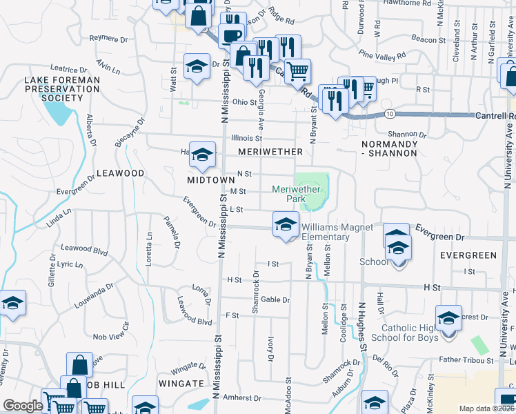 map of restaurants, bars, coffee shops, grocery stores, and more near 7404 L Street in Little Rock