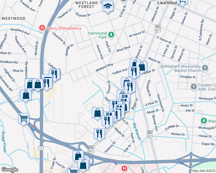 map of restaurants, bars, coffee shops, grocery stores, and more near 1213 Sunset Drive in Laurinburg