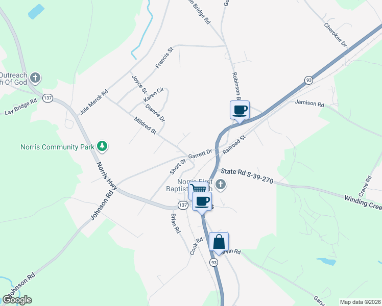 map of restaurants, bars, coffee shops, grocery stores, and more near in Norris