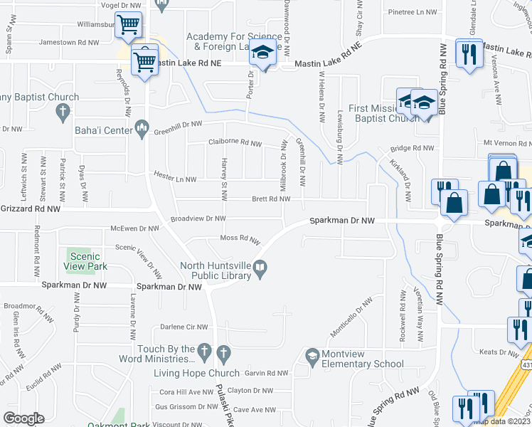 map of restaurants, bars, coffee shops, grocery stores, and more near 2804 Broadview Drive Northwest in Huntsville
