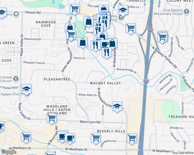map of restaurants, bars, coffee shops, grocery stores, and more near 3 Jamestown Court in Little Rock