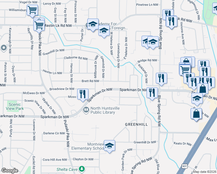 map of restaurants, bars, coffee shops, grocery stores, and more near 2900 Greenhill Drive Northwest in Huntsville