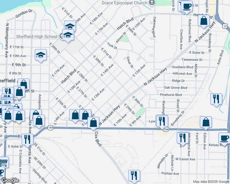 map of restaurants, bars, coffee shops, grocery stores, and more near 1200 East 29th Street in Sheffield