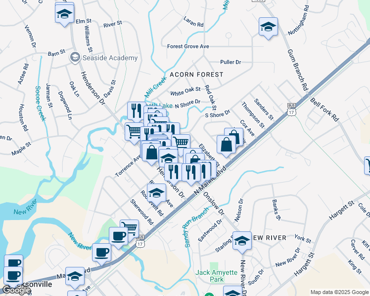 map of restaurants, bars, coffee shops, grocery stores, and more near 100-198 Spring Street in Jacksonville