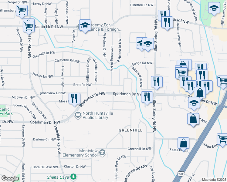 map of restaurants, bars, coffee shops, grocery stores, and more near 2802 Sparkman Drive Northwest in Huntsville