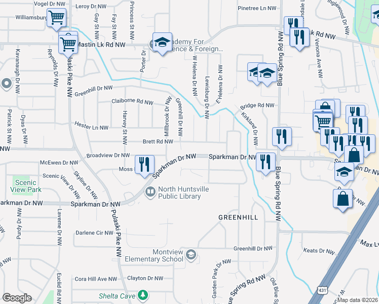 map of restaurants, bars, coffee shops, grocery stores, and more near 2900 Greenhill Drive Northwest in Huntsville