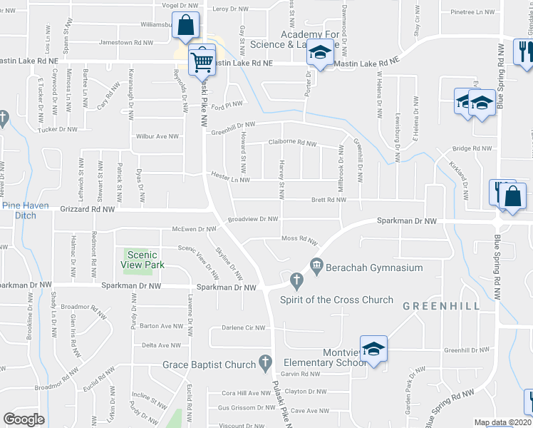 map of restaurants, bars, coffee shops, grocery stores, and more near 2904 Broadview Drive Northwest in Huntsville
