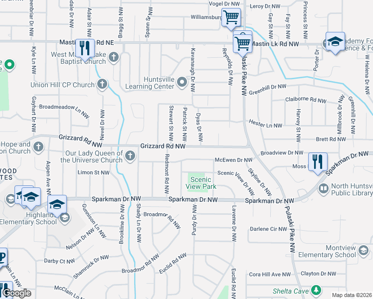 map of restaurants, bars, coffee shops, grocery stores, and more near 3809 Grizzard Road Northwest in Huntsville