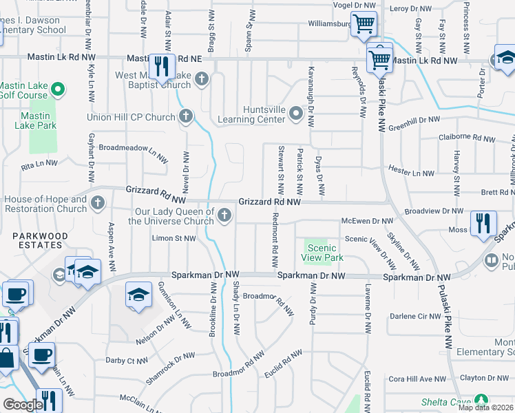 map of restaurants, bars, coffee shops, grocery stores, and more near 4101 Grizzard Road Northwest in Huntsville