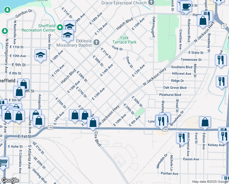map of restaurants, bars, coffee shops, grocery stores, and more near 2902 East 13th Avenue in Sheffield