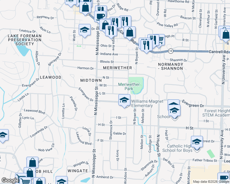 map of restaurants, bars, coffee shops, grocery stores, and more near 7404 L Street in Little Rock