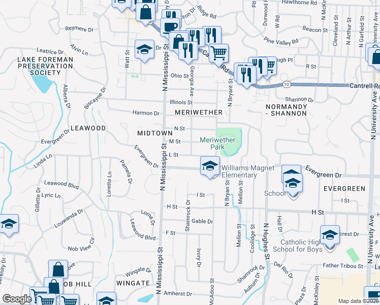 map of restaurants, bars, coffee shops, grocery stores, and more near 7404 L Street in Little Rock