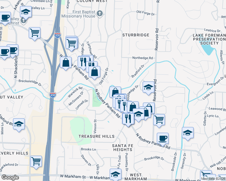 map of restaurants, bars, coffee shops, grocery stores, and more near 1400 Old Forge Drive in Little Rock