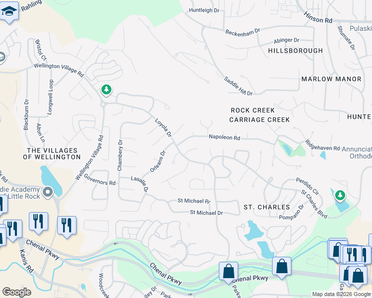 map of restaurants, bars, coffee shops, grocery stores, and more near 4 Versailles Court in Little Rock