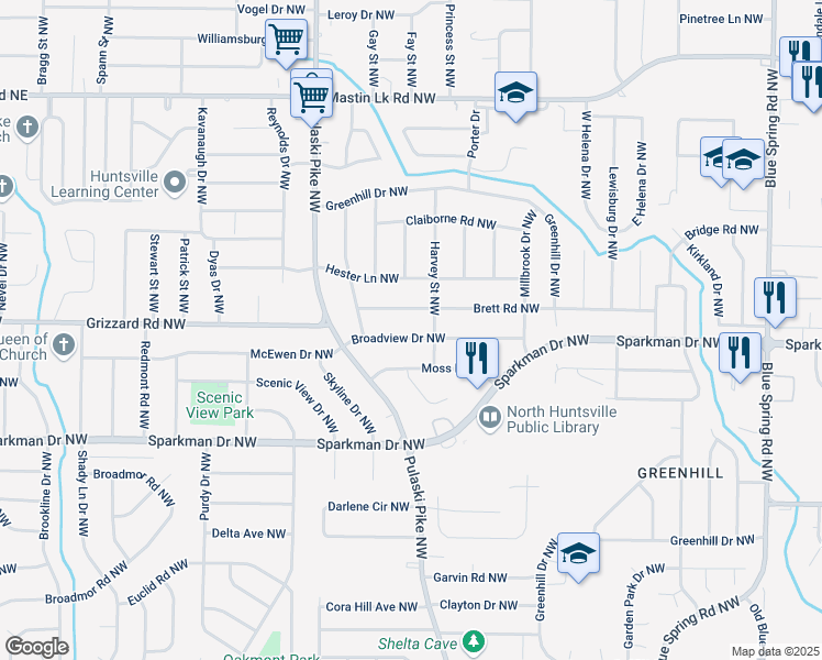 map of restaurants, bars, coffee shops, grocery stores, and more near 2904 Broadview Drive Northwest in Huntsville