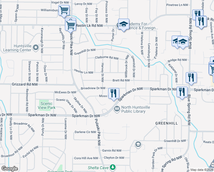 map of restaurants, bars, coffee shops, grocery stores, and more near 2818 Broadview Drive Northwest in Huntsville