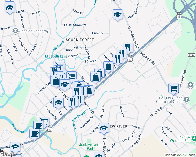 map of restaurants, bars, coffee shops, grocery stores, and more near 49 Sophia Drive in Jacksonville