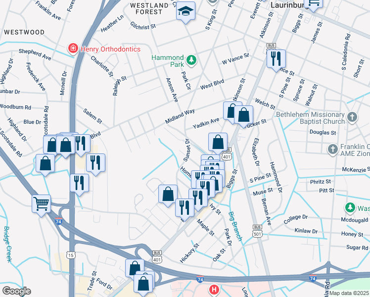 map of restaurants, bars, coffee shops, grocery stores, and more near 1213 Sunset Drive in Laurinburg