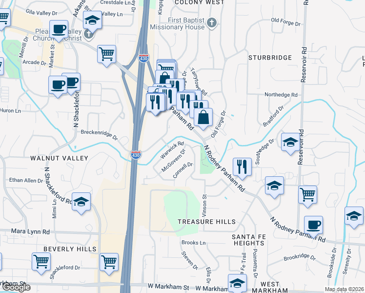 map of restaurants, bars, coffee shops, grocery stores, and more near 2 McGovern Drive in Little Rock