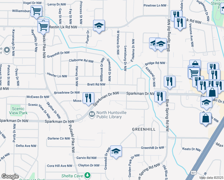 map of restaurants, bars, coffee shops, grocery stores, and more near 2900 Greenhill Drive Northwest in Huntsville