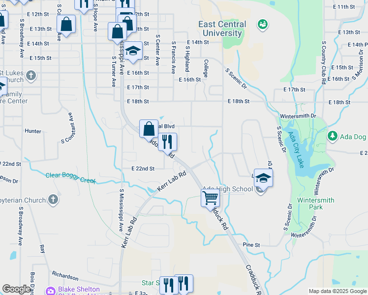 map of restaurants, bars, coffee shops, grocery stores, and more near 901 East Central Boulevard in Ada