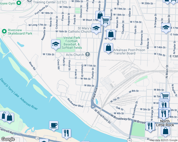map of restaurants, bars, coffee shops, grocery stores, and more near 1215 West 10th Street in North Little Rock