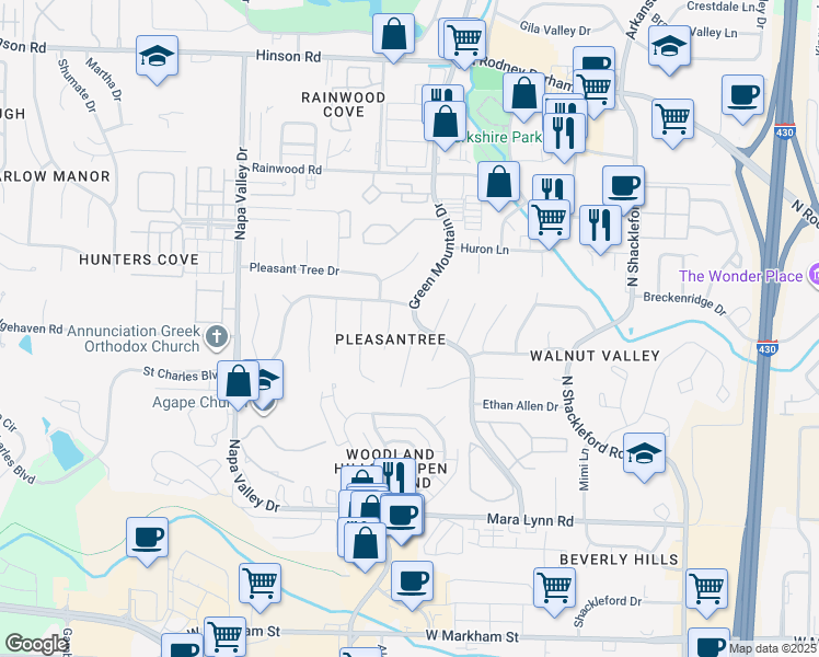 map of restaurants, bars, coffee shops, grocery stores, and more near 2 Kings Court in Little Rock