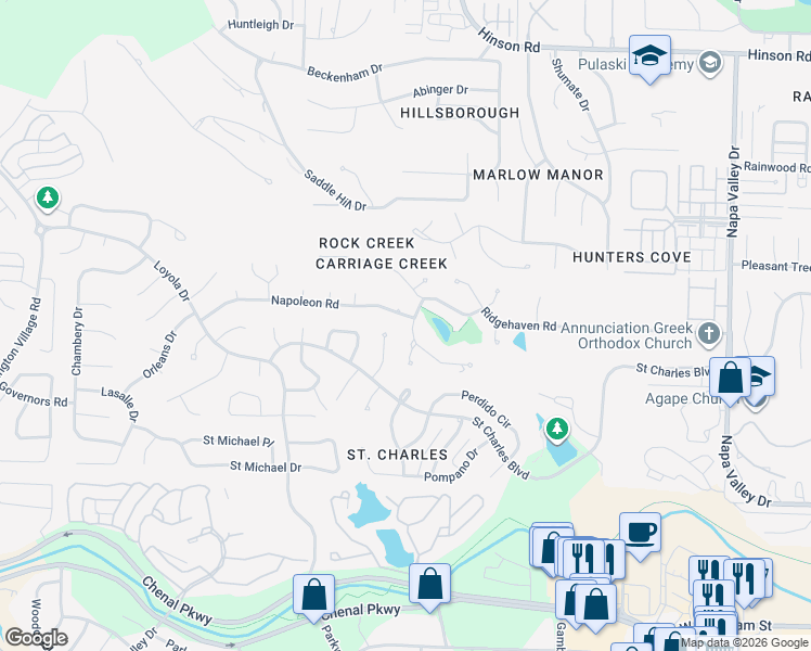 map of restaurants, bars, coffee shops, grocery stores, and more near 6 Carriage Creek Drive in Little Rock