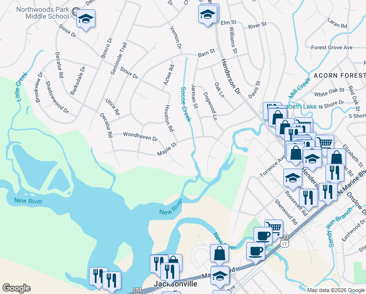 map of restaurants, bars, coffee shops, grocery stores, and more near 511 Maple Street in Jacksonville