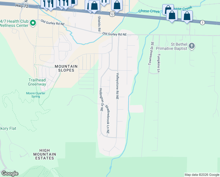 map of restaurants, bars, coffee shops, grocery stores, and more near 219 Northeast Albany Drive in Huntsville