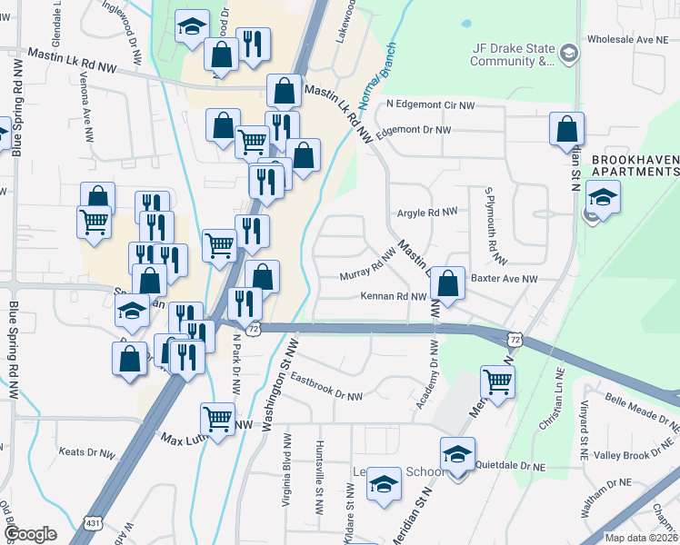 map of restaurants, bars, coffee shops, grocery stores, and more near 608 Murray Road Northwest in Huntsville