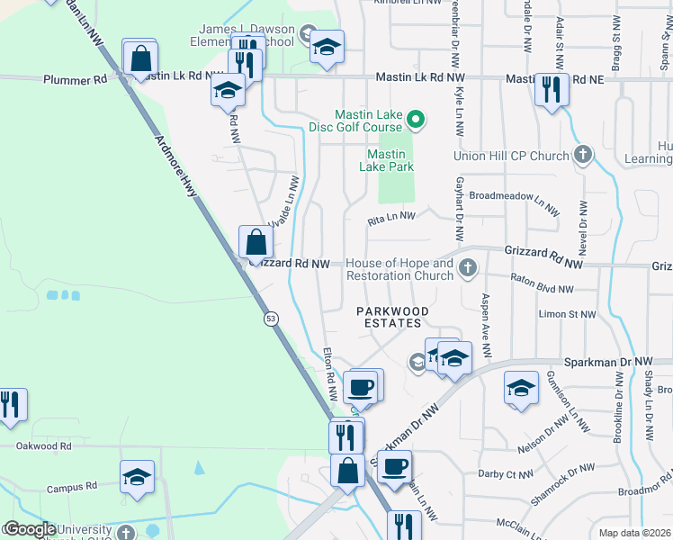 map of restaurants, bars, coffee shops, grocery stores, and more near 6031 Grizzard Road Northwest in Huntsville