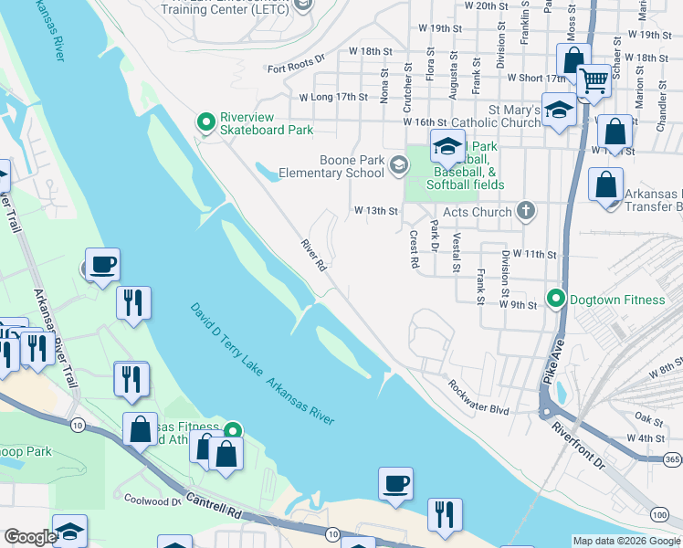 map of restaurants, bars, coffee shops, grocery stores, and more near 2003 River Road in North Little Rock