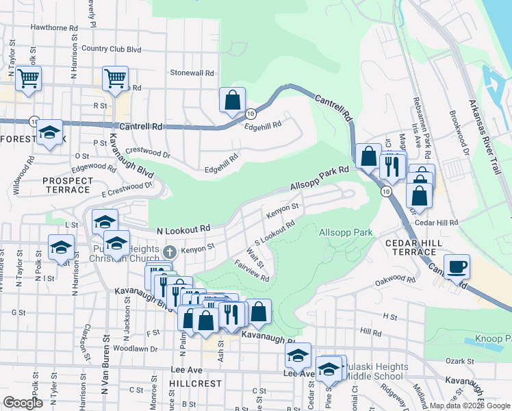 map of restaurants, bars, coffee shops, grocery stores, and more near 4301 South Lookout Road in Little Rock